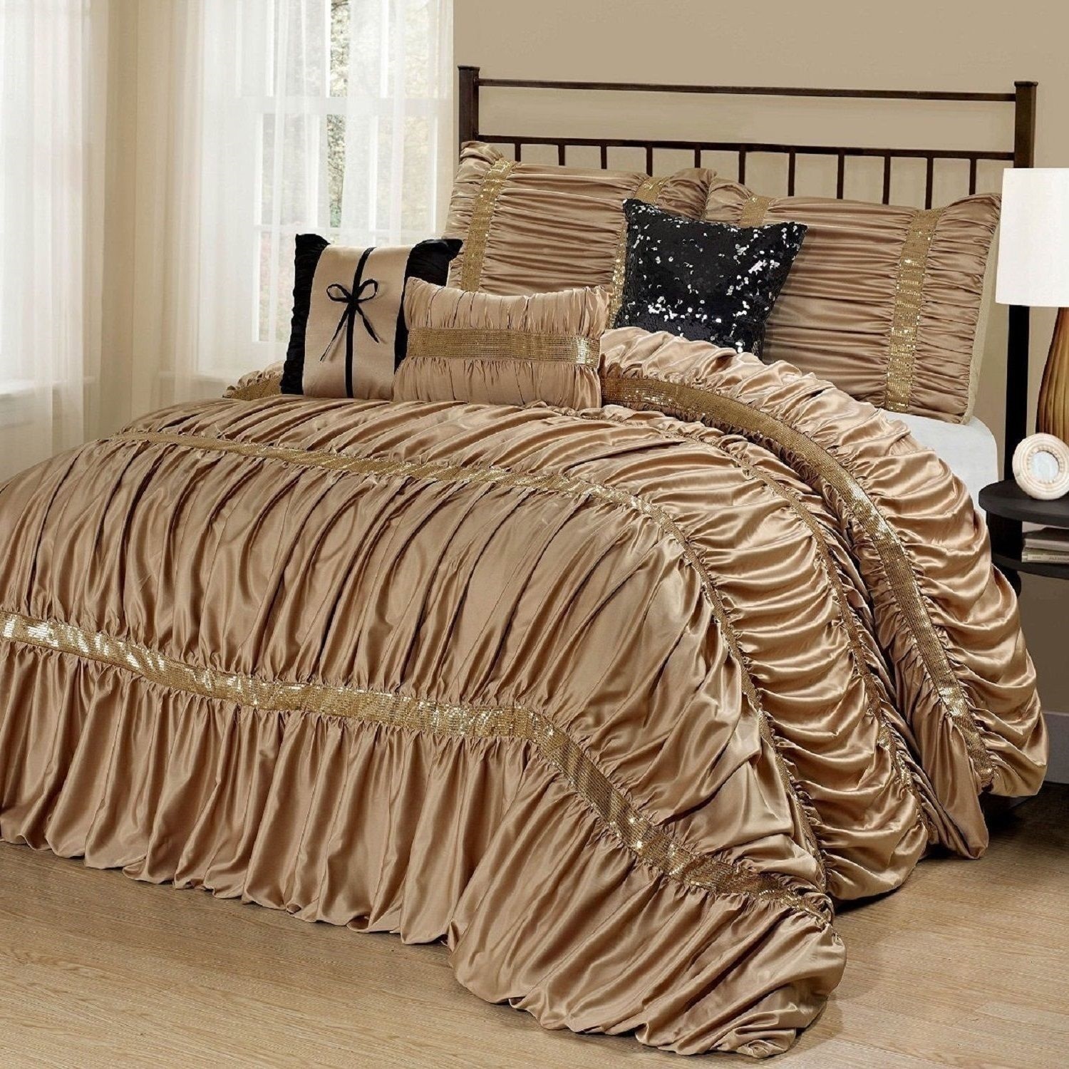 NEW Queen Cal King Bed Solid Gold Black Sequin Striped 7pc ...