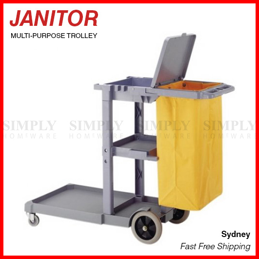 Janitor Trolley Cleaning Cart Heavy Duty Cleaner Grey Tray Shelf Wheels Bag Lid