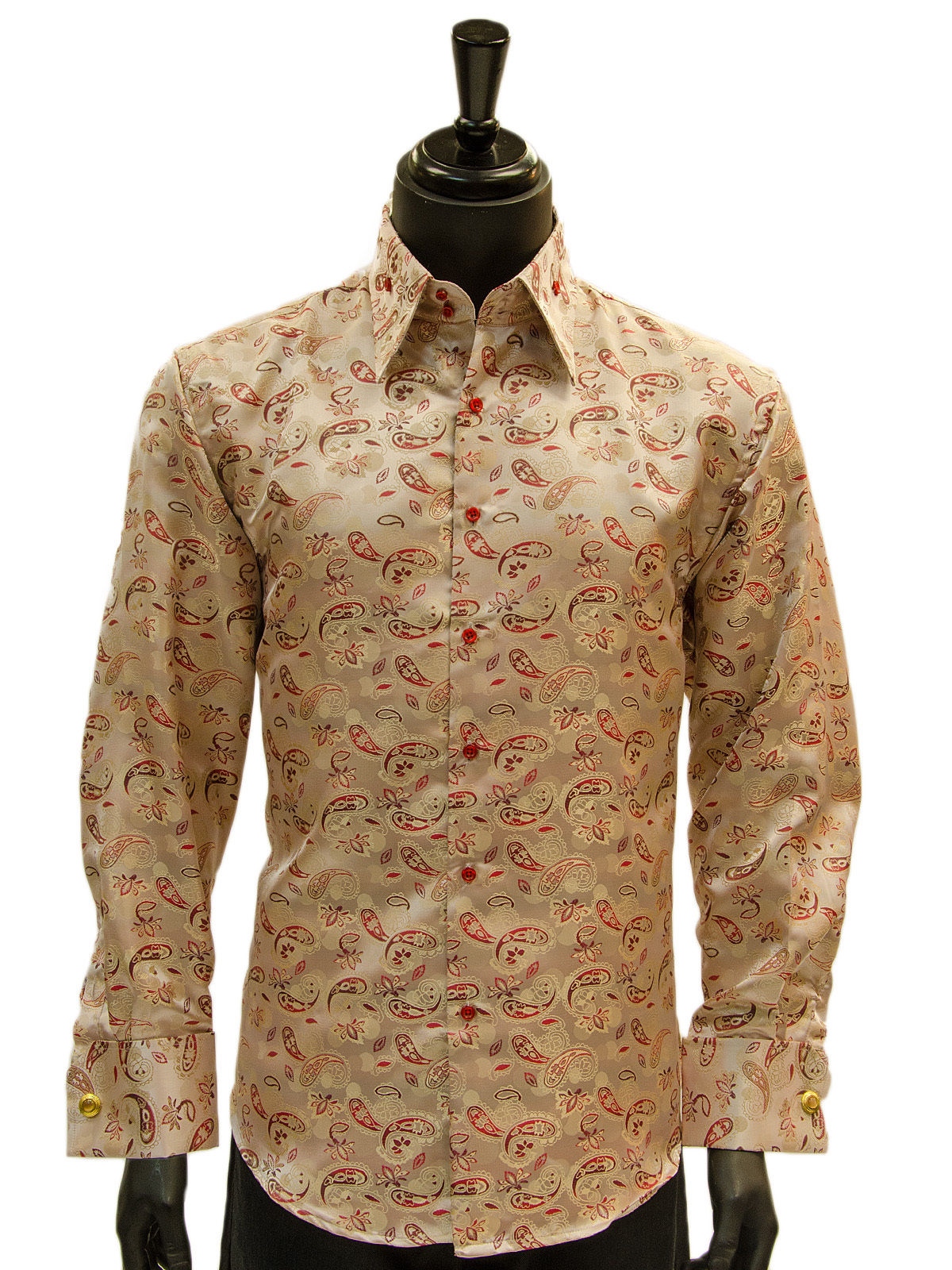 Manzini Mens Red Tan Gold Paisley High Collar Button Down Party ...