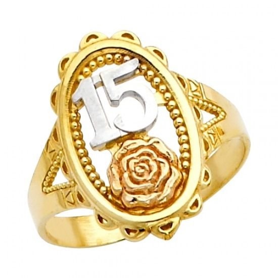 14K Solid Tricolor Gold Quince Anos 15th Birthday Cutout Rose Sweet 15