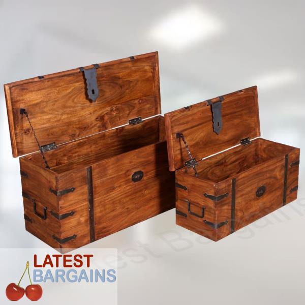 Set Of 2 Wooden Storage Chest Blanket Box Trunk Decorative