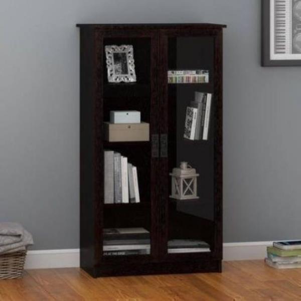 details about espresso wooden glass door bookcase bookshelf media cabinet  display storage