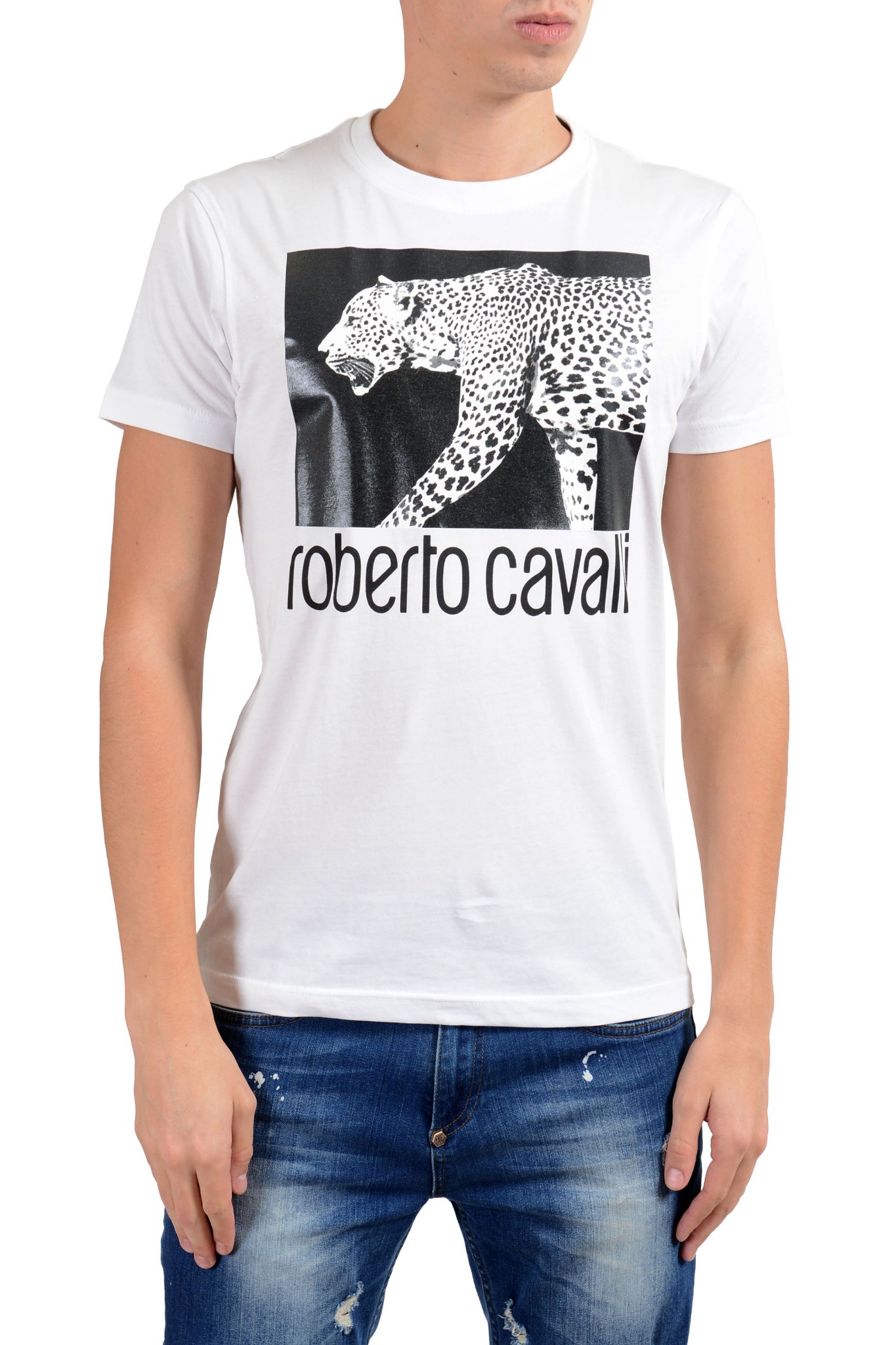 Roberto Cavalli Men's White Graphic Leopard Crewneck T-Shirt Size S M L ...