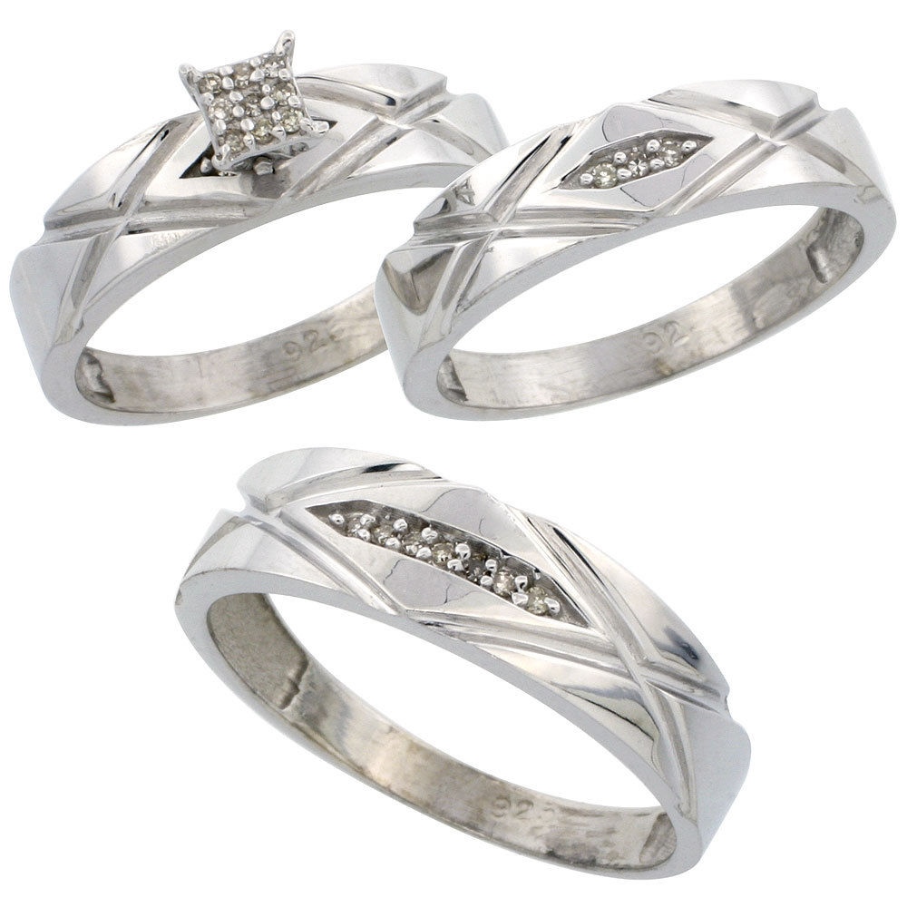 Sterling Silver .062 ct Genuine Diamond Trio His & Hers Wedding Band Ring Set