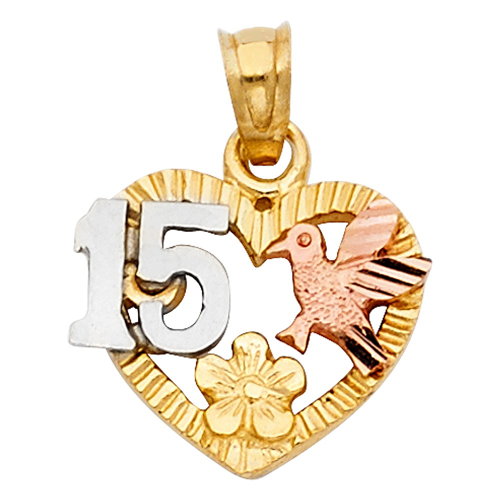 15 Birthday Heart Pendant 14k Yellow White Rose Gold Quinceanera Charm Polished Tri Color 15 x 13 mm