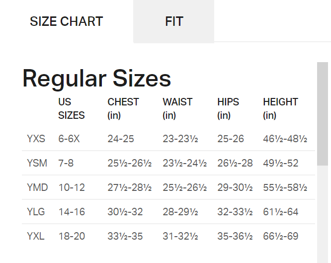Size Chart For Under Armour Youth