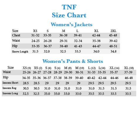 Size Chart North Face Women S Jackets
