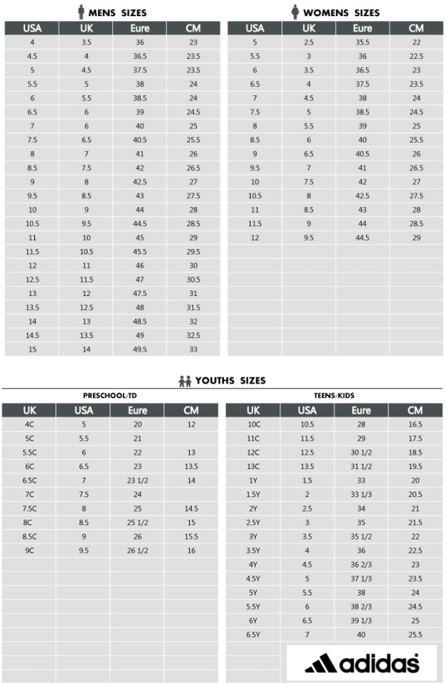 adidas size chart korea