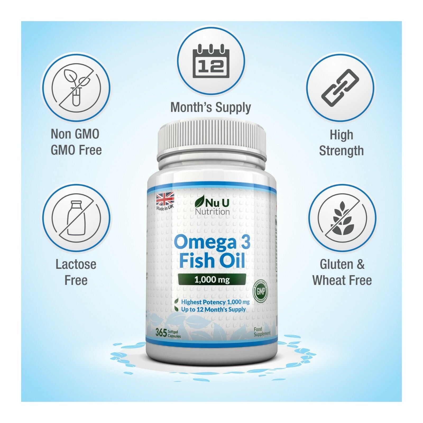 Omega 3 Fish Oil 1000mg High Strength 365 Soft gels  DHA ,EPA 13