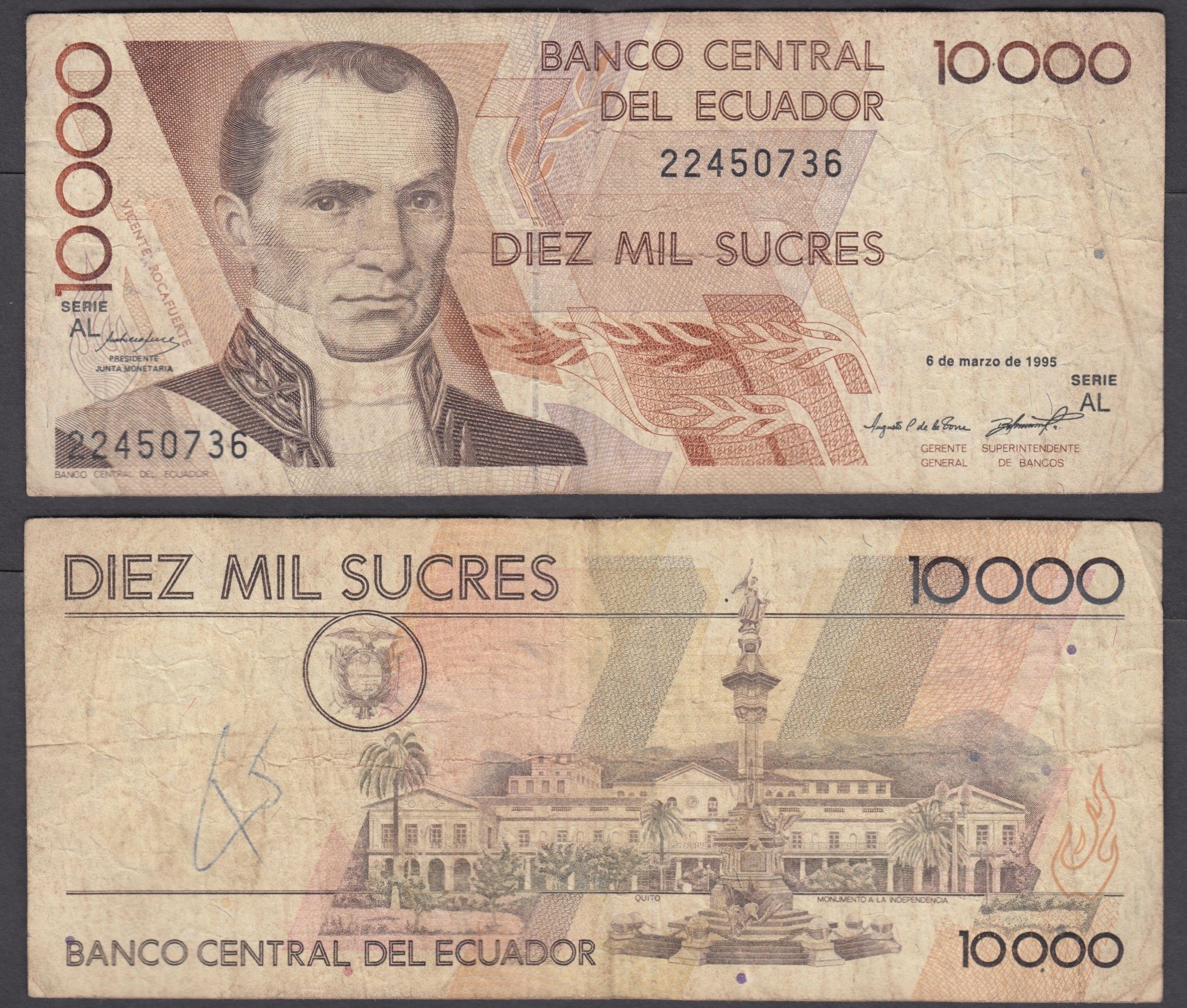 R Banknote 1999 Ecuador 10000 Sucre F P127 UNC,Vicente Rocafuerte Monument