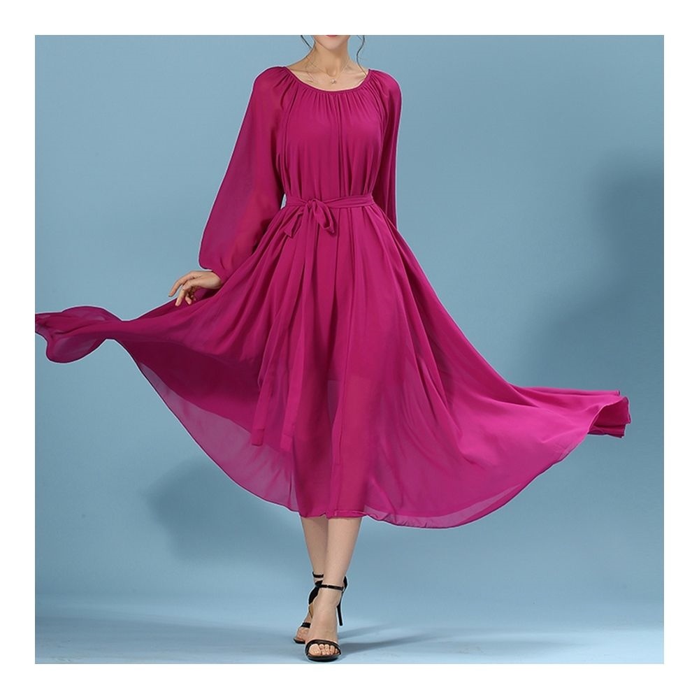 Nouveau Robe Italy plissé élégant manches longues en mousseline de soie oversize pink 38 40 42 44