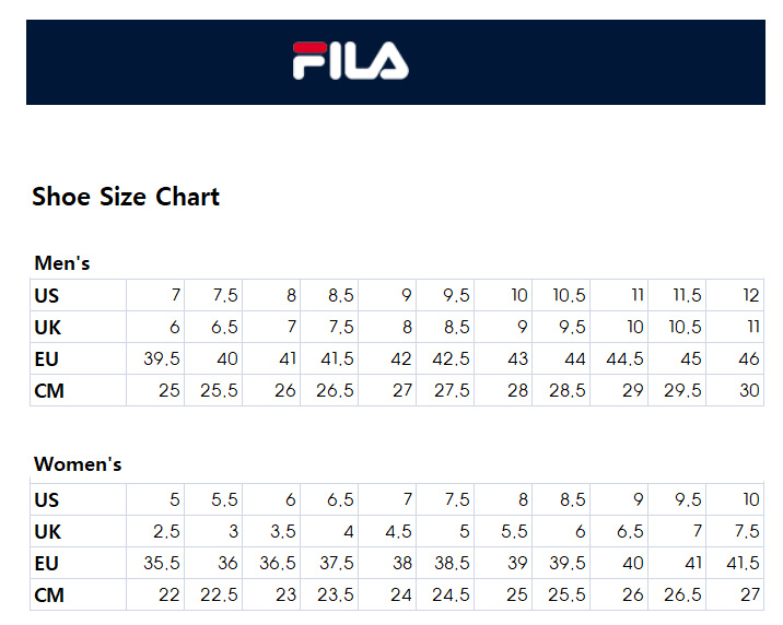 Fila Shoes Size Chart