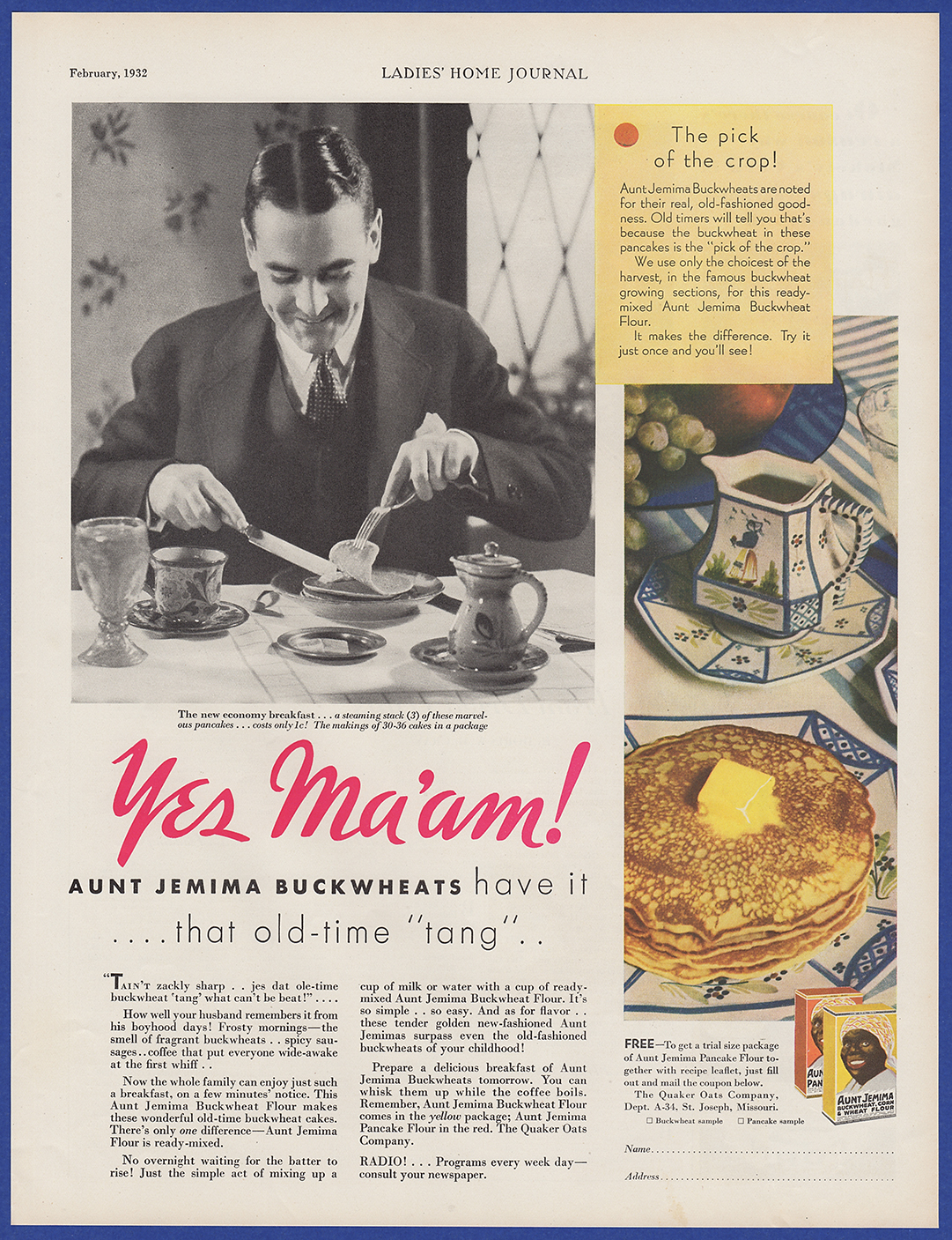 Vintage 1932 AUNT JEMIMA Pancake Mix Kitchen Art Decor Ephemera