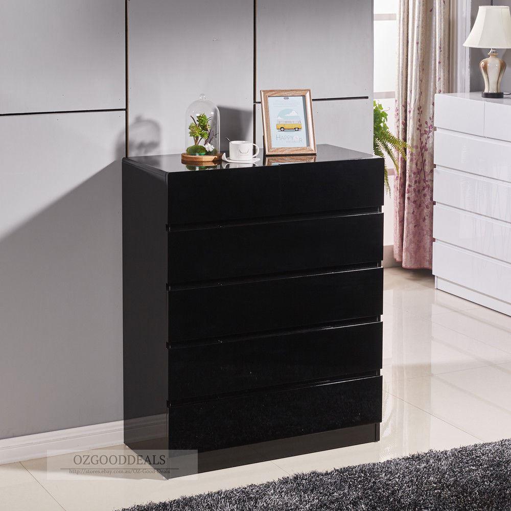 High Gloss Black Wooden Tallboy Dresser Chest 6 Drawer Cabinet