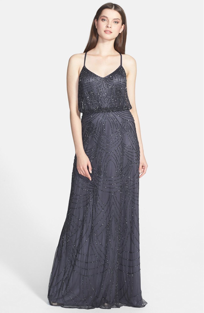 adrianna papell beaded blouson gown navy