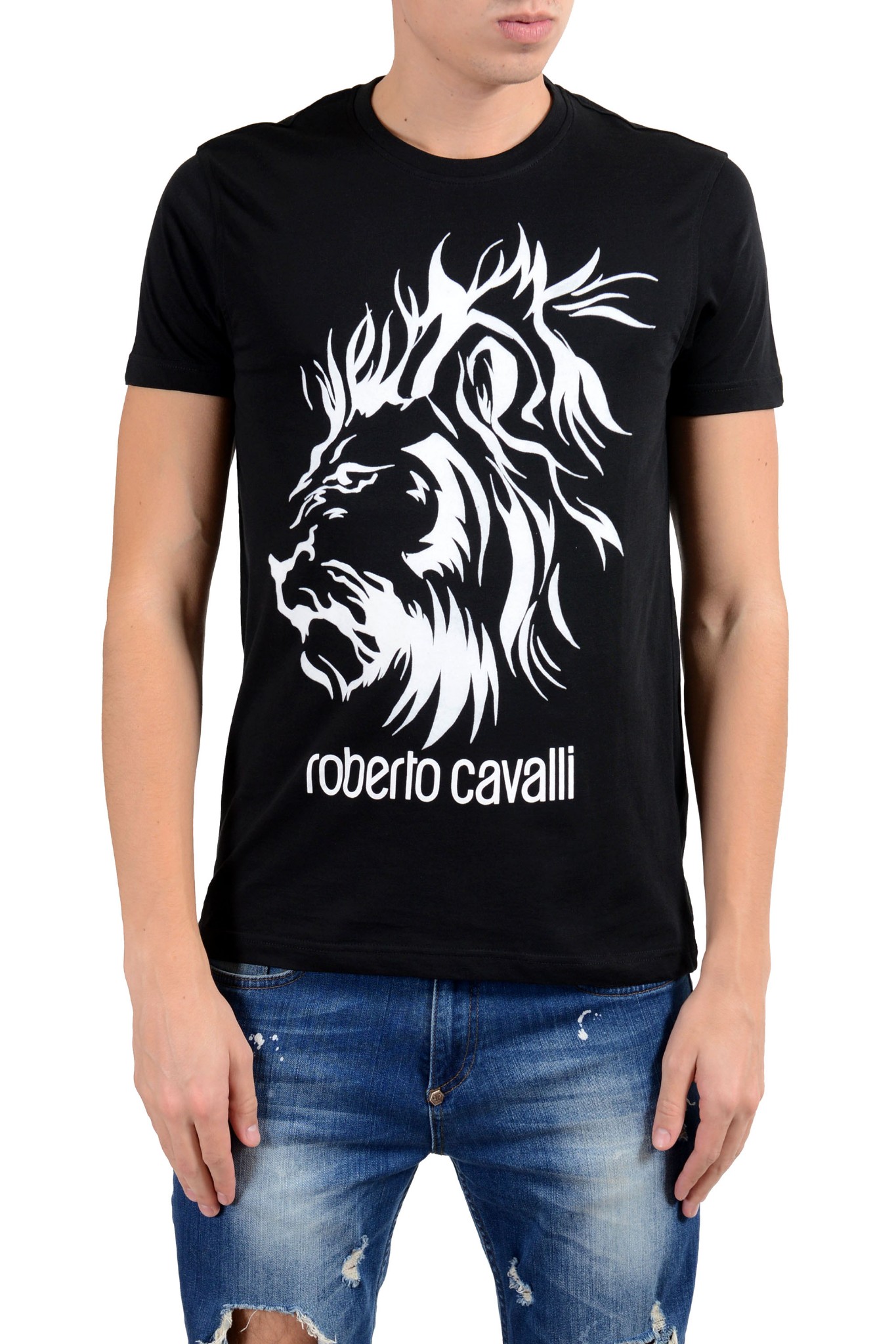 Roberto Cavalli Men's Black Embellished Lion Crewneck T-Shirt Size S M ...