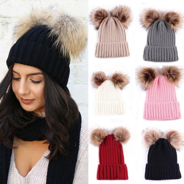 Fashion Mom /& Baby Girls Winter Warm Double Fur Pom Bobble Knit Beanie Hat Cap