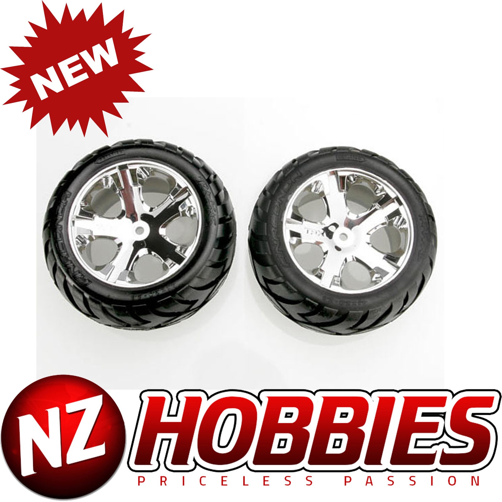 Rear 2 Rustler VXL Traxxas 3773 Mirror-Chrome All-Star Wheels/Anaconda Tires