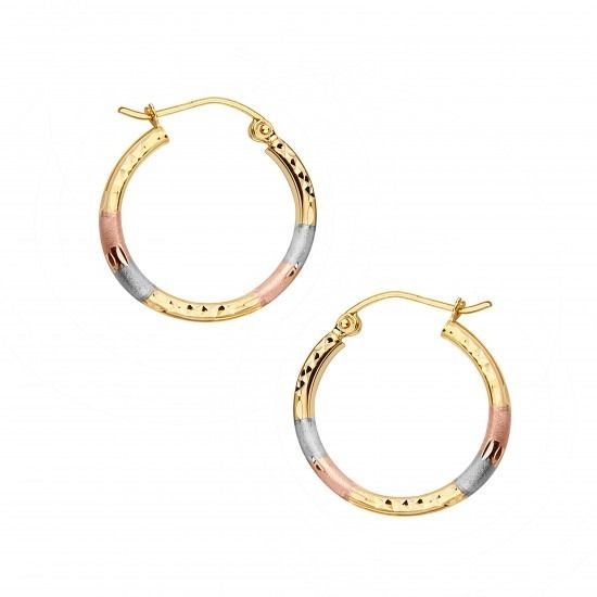 14K Solid Tri-color Gold 2mm Diamond Cut Tube Hoop Hinged Earrings 30MM
