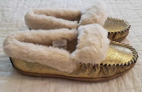 gold moccasin slippers