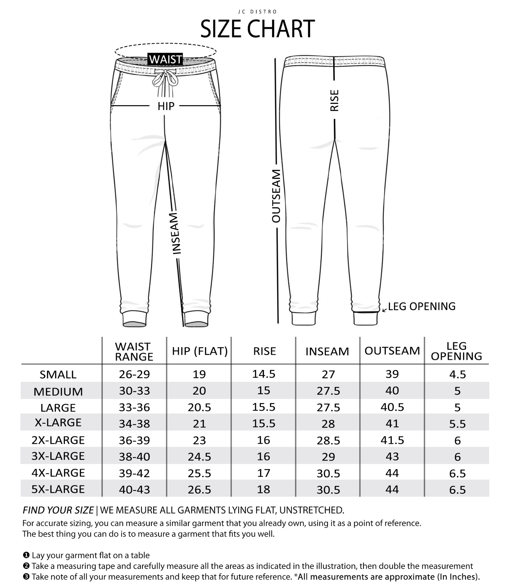 Jogger Pants Size Chart
