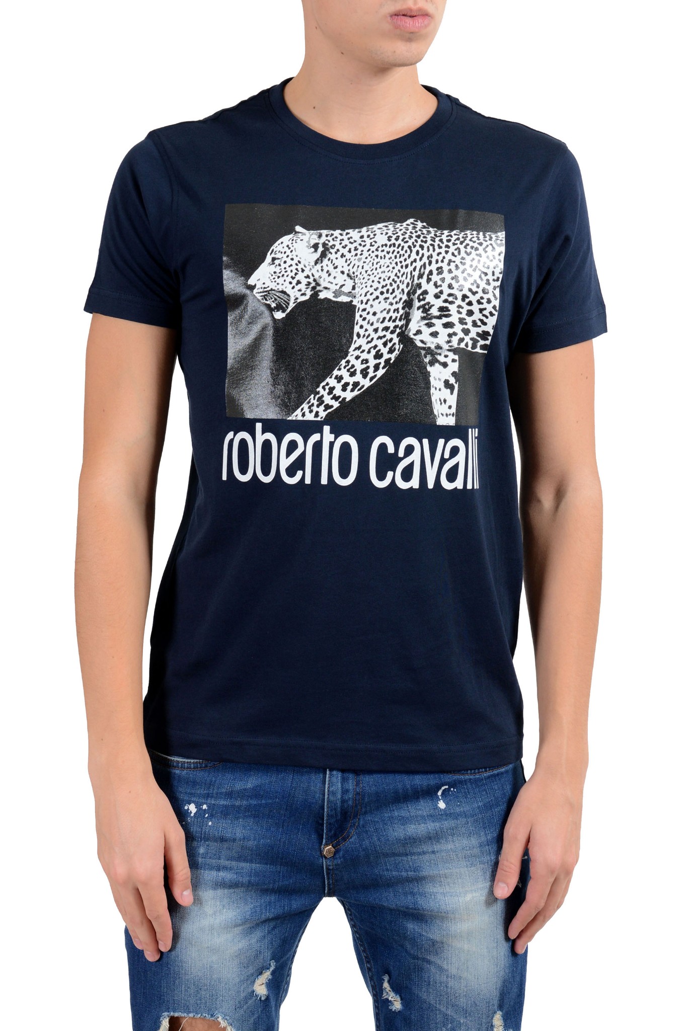 Roberto Cavalli Men's Blue Graphic Leopard Crewneck T-Shirt Size S M L ...