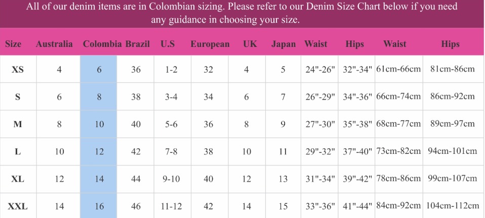 Colombian Pants Size Chart