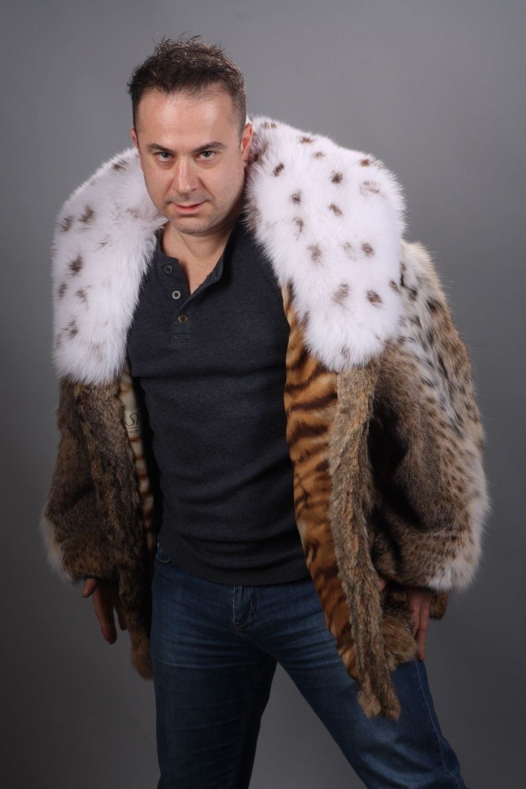 Mens Bobcat Lynx Fur Coat Fox Collar US Cites Approved/MEXA/Pelzmantel ...