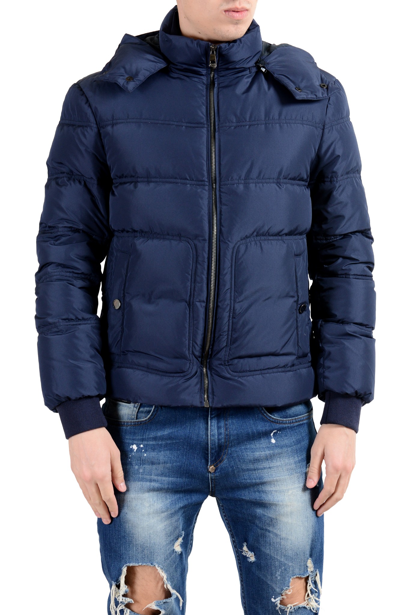 Versace Collection Men's Down Blue Full Zip Hooded Parka Jacket Size XS ...