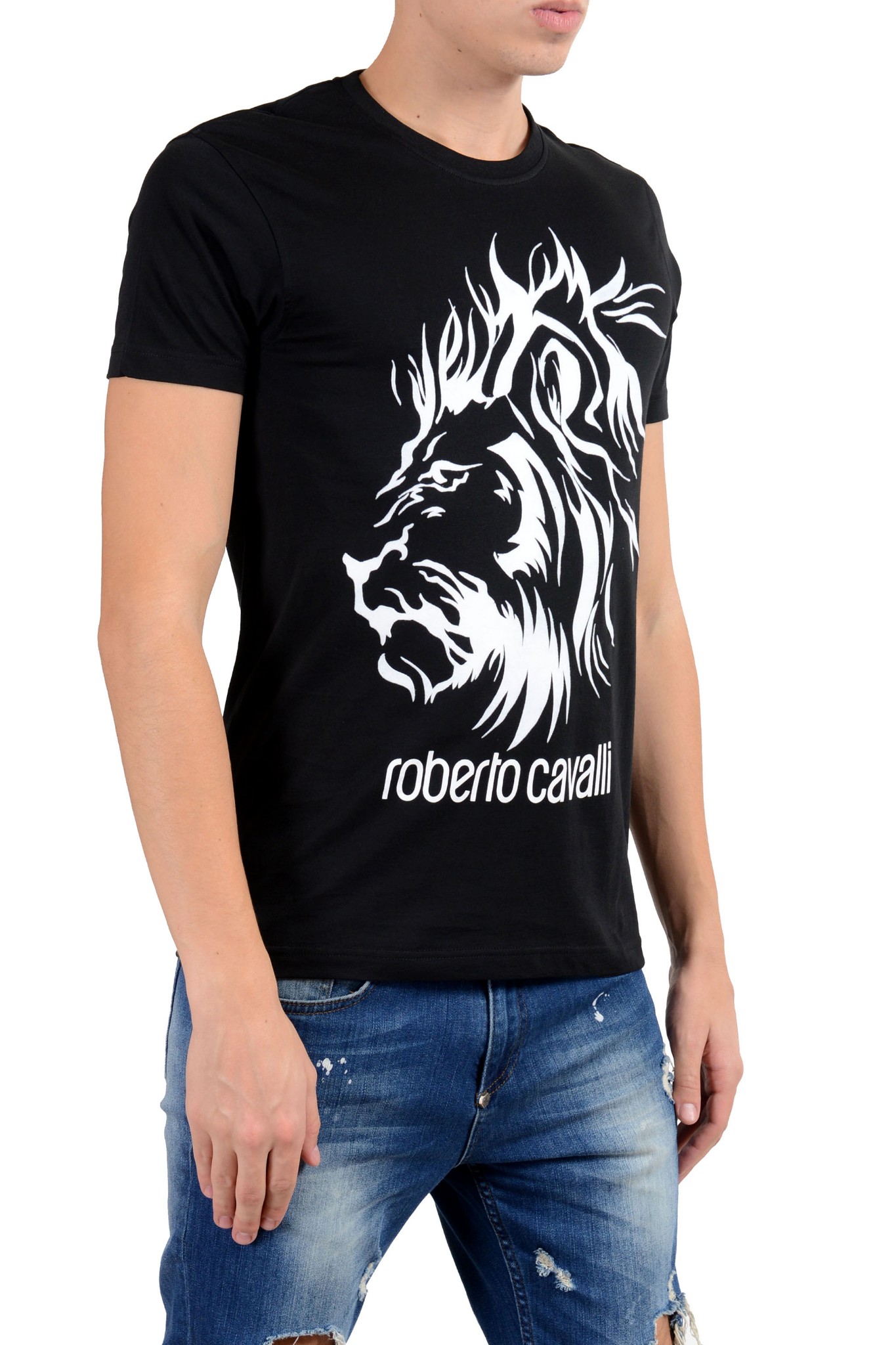 Roberto Cavalli Men's Black Embellished Lion Crewneck T-Shirt Size S M ...