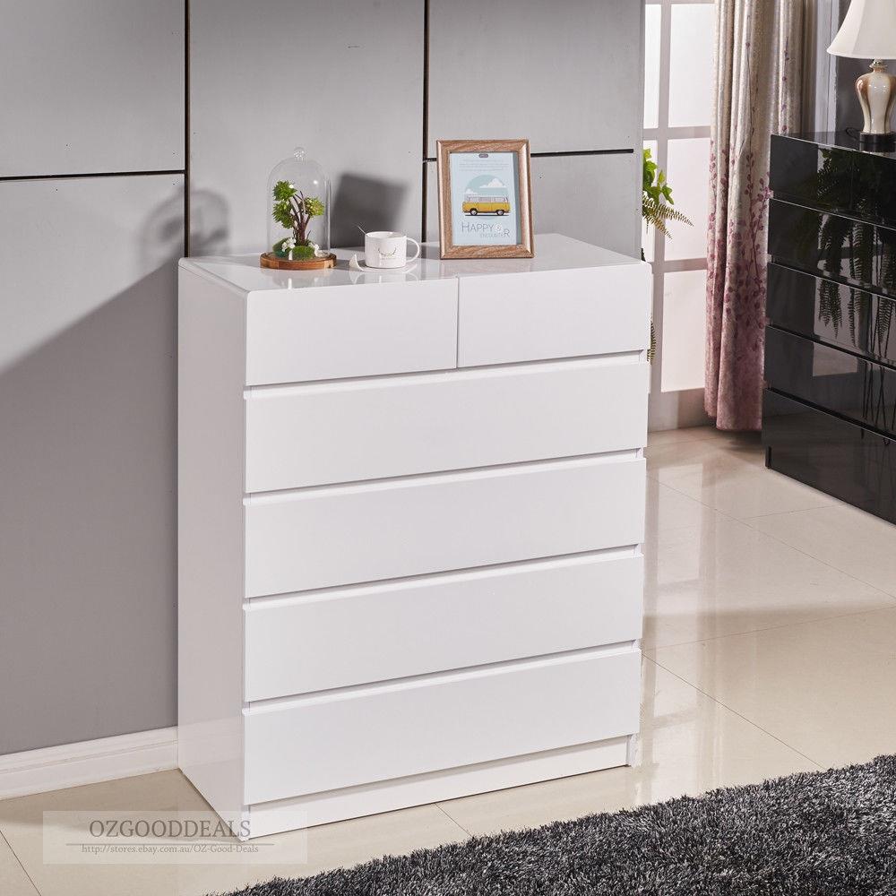 High Gloss White Wooden Tallboy Dresser Chest 6 Drawer Cabinet