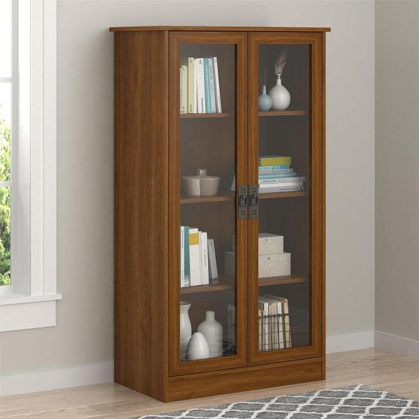 details about cherry finish wooden glass door bookcase bookshelf media  cabinet display storage